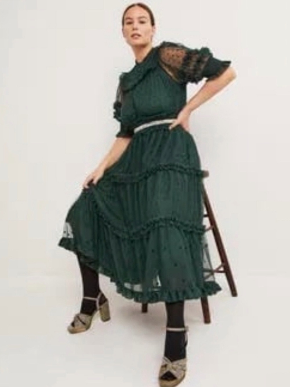 Boden Hotch Potch Tulle Ruffle Midi Dress Onyx Green 6